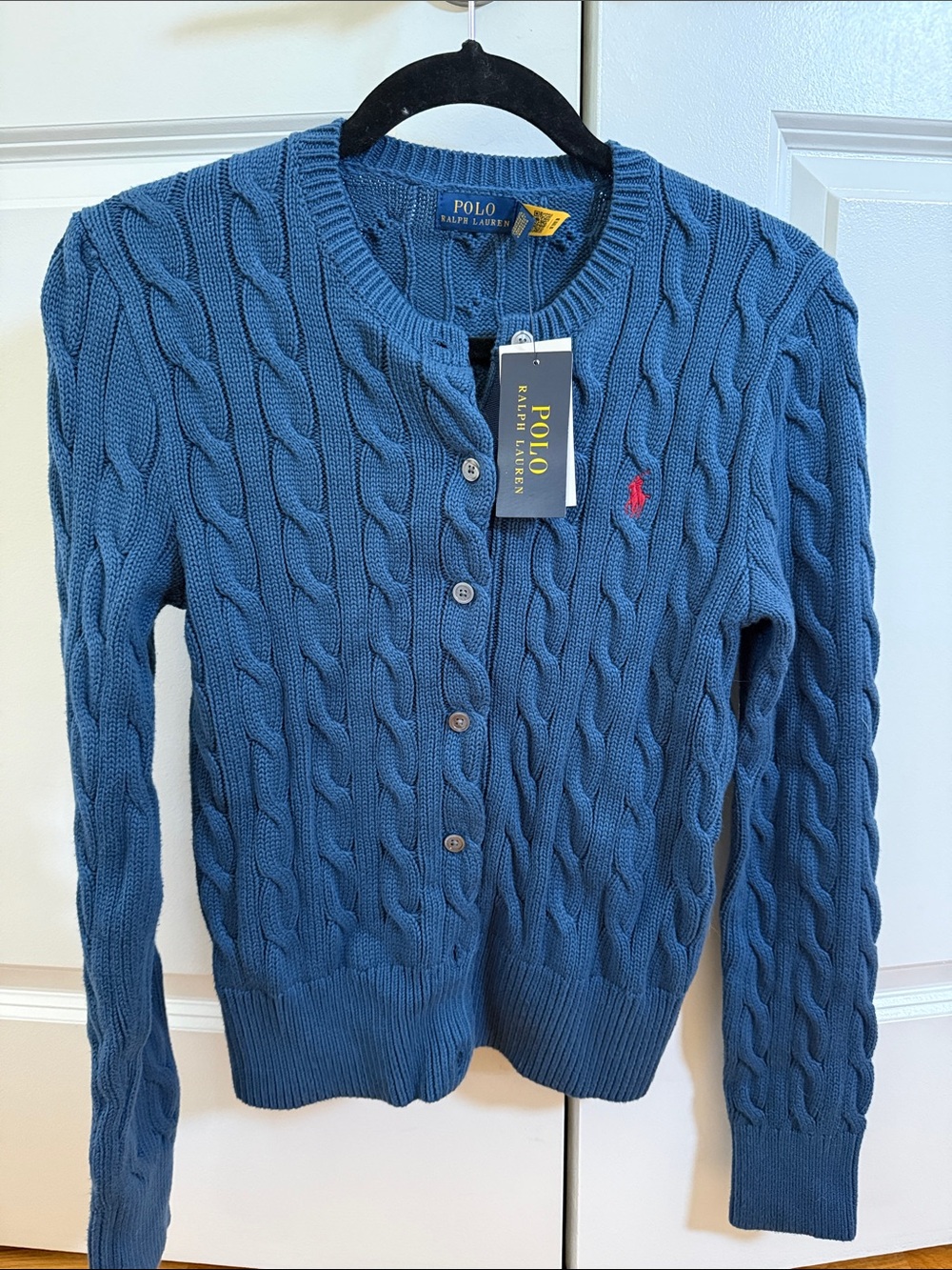 Polo by Ralph Lauren Deep Blue Cable-Knit Button Cardigan with Red Pony